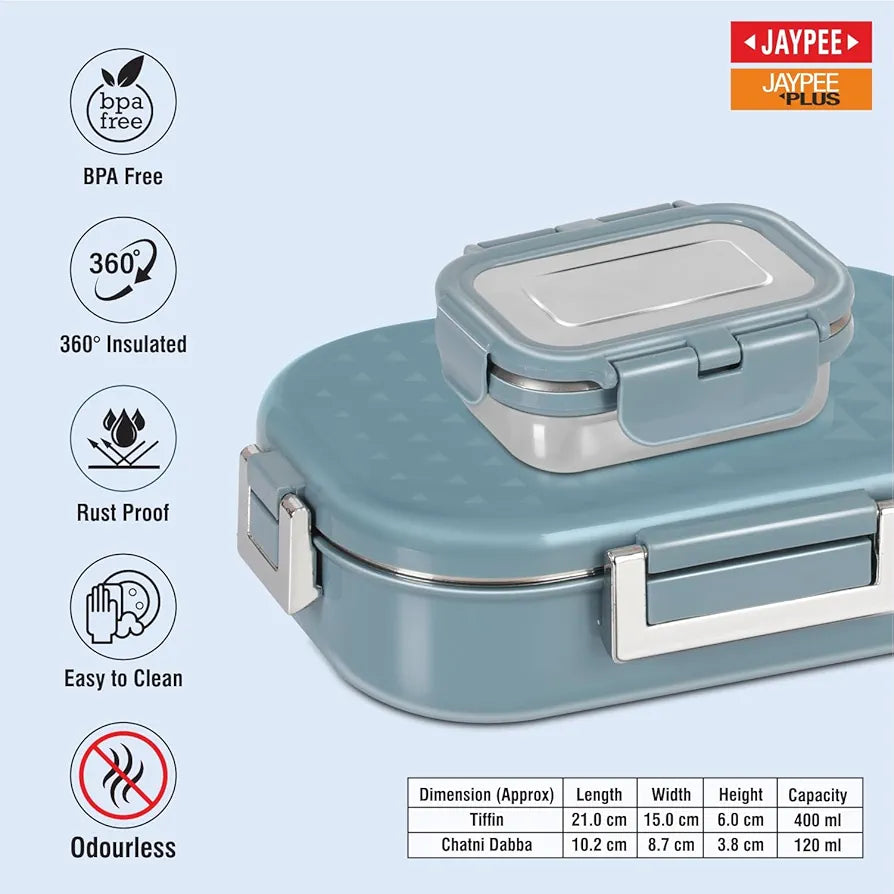 JAYPEE Snapsteel Inner Stainless Steel Insulated Lunch Box Blue, 650 ml, Airtight Tiffin Box for School Kids | Spillproof with Silicon Seal | Food Grade | BPA Free